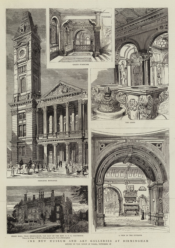Illustrations of ‘The New Museum and Art Galleries at Birmingham’, published in The Graphic on the day of their opening by the Prince of Wales, 28 November, 1885
