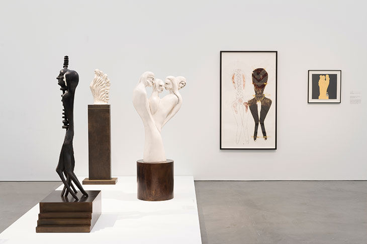 Installation view of ‘Enrico David: Gradations of Slow Release’ at the MCA Chicago in 2018. In the middle of the plinth stands Racket II (2017), recalling the forms of Mudhippy Turns Mother and Daughter into Mature Cheddar (2007) on the far right.