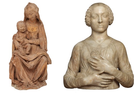 Left: Madonna with the Laughing Child (c. 1472), attrib. Leonardo da Vinci. Photo: © Victorian and Albert Museum, London. Right: Bust of a Lady (Lady with Flowers) (c. 1475), Andrea del Verrocchio. Museo Nazionale del Bargello, Florence. Photo: Giovanni Martellucci