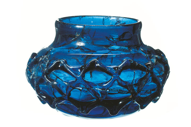 One of two blue glass decorated beakers found in the Prittlewell burial.