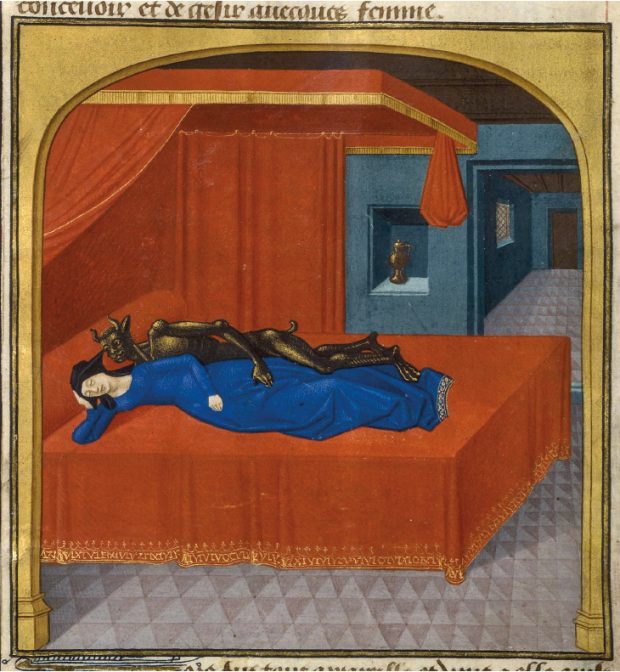 Detail showing a demon visiting Merlin’s mother in the night, from the Lancelot-Graal (Ms Fr. 96), illuminated by the Master of Adelaïde of Savoy, Poitiers, France. Bibliothèque nationale de France.