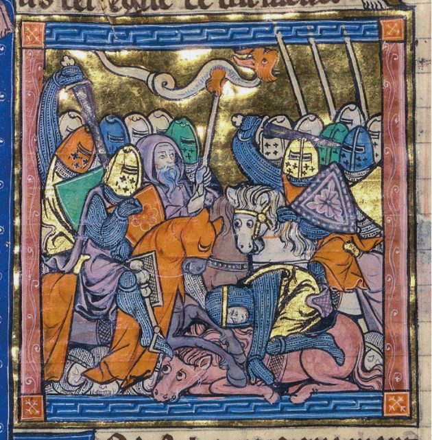 Detail showing Merlin leading Arthur’s men into the ‘Roman arthuriensis’ (MS Fr. 95), (1270–90), France. Bibliothèque nationale de France, Paris