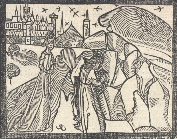 Illustration of Vivien tricking Merlin into entering the cave in ‘Le Morte d’Arthur’ by Thomas Malory (1498), published by Wynkyn de Worde. University of Manchester Library.