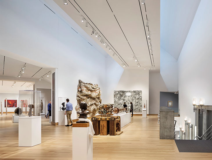 The renovated second-floor galleries feature installations of contemporary Aboriginal Australian art, Melanesian art and contemporary African art – including, on the far wall, Iridium over Aleppo (2018) by Julie Mehretu, and to its left Hovor (2003) by El Anatsui.