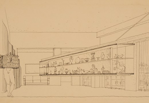 Drawing of a display case, c. 1940, Lina Bo Bardi. IBCV Archives.