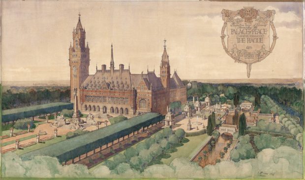 Thomas Mawson’s scheme for the gardens of the peace Palace in The Hague, depicted in a watercolour of 1908 by Robert Atkinson, Courtesy Carnegie Foundation Archive, the Peace Palace, The Hague