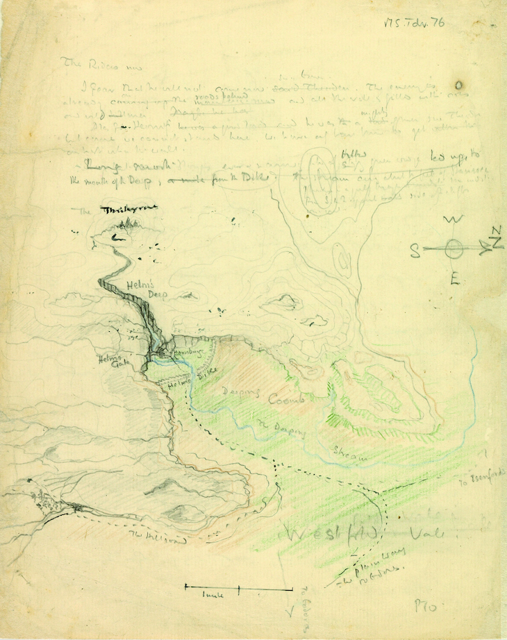 Map of Helm’s Deep valley and the Hornburg fortress (1942), J.R.R. Tolkien.