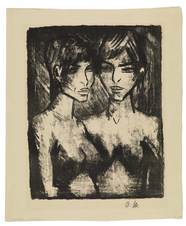 Two Girls, half-length nudes (1920), Otto Mueller. Hunterian Art Gallery, University of Glasgow