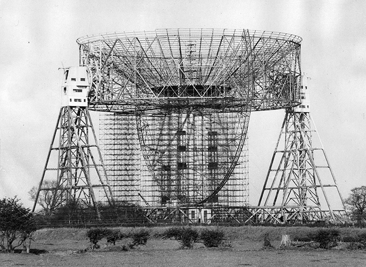 The radio telescope at Jodrell Bank under construction in 1957.
