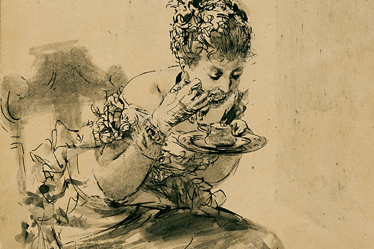 A Seated, Elegantly Dressed Lady Eating from a Plate (1878), Adolph Menzel, courtesy Stephen Ongpin Fine Art