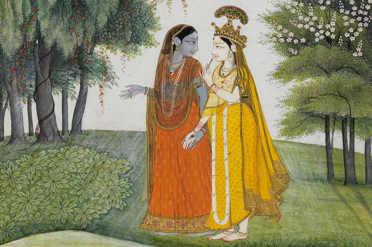 Krishna and Radha walking by the Jumna by moonlight having exchanged clothes (detail; c. 1820), Kangra. © The Fitzwilliam Museum, Cambridge.