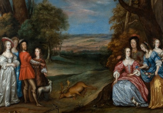 The Carlile Family with Sir Justinian Isham in Richmond Park ('The Stag Hunt’) (detail; 1650s), Joan Carlile. Lamport Hall