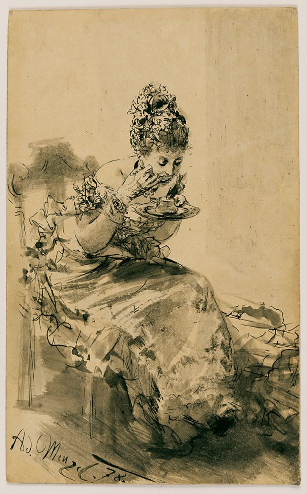 A Seated, Elegantly Dressed Lady Eating from a Plate, (1878), Adolph Menzel. Courtesy Stephen Ongpin Fine Art