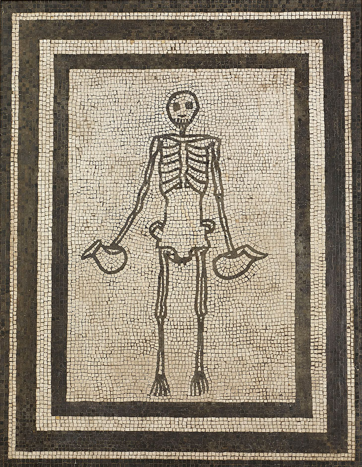 Monochrome mosaic panel of a skeleton holding two wine jugs (AD 1–50)