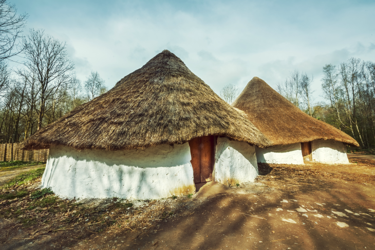 A reconstructed Iron Age farmstead at St Fagans National Museum of History, Wales.