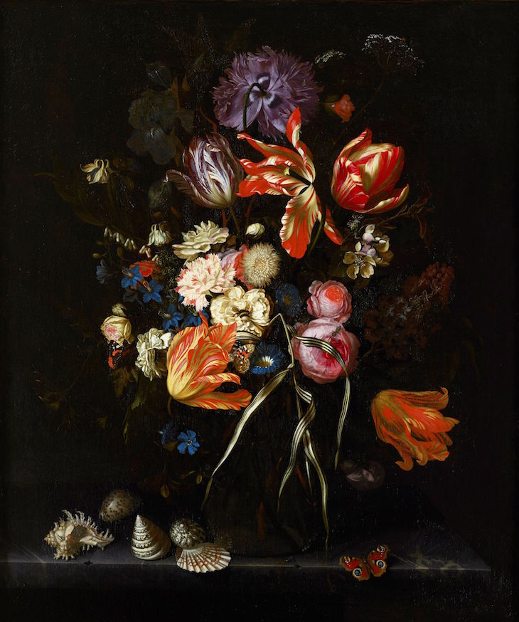 Still Life of Flowers in a Glass Vase (c. 1685), Maria van Oosterwyck.