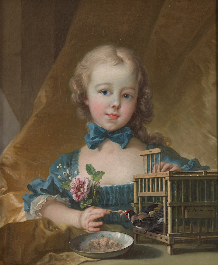 Portrait of Alexandrine-Jeanne Le Normant d’Étiolles, daughter of the Marquise de Pompadour (1744–54), playing with a sparrow (1749), François Boucher.