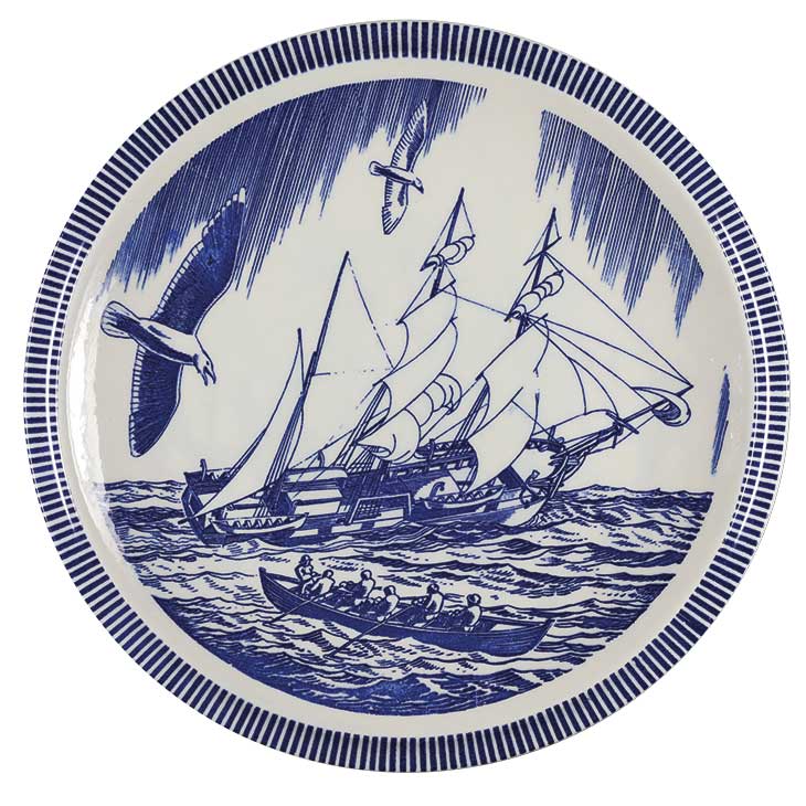 Dinner plate with a scene from Moby-Dick (1930–50), made by Vernon Kilns after a design by Rockwell Kent.
