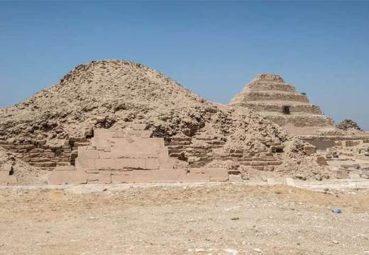 The pyramids in the Saqqara necropolis, with the Pyramid of Unas in the foreground and the Step Pyramid of Djoser in the background.