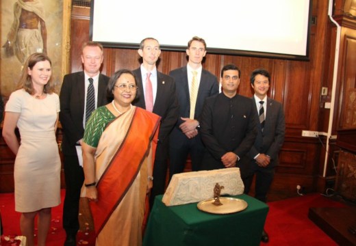 Two illegally smuggled antiquities are returned to India at India House in London.