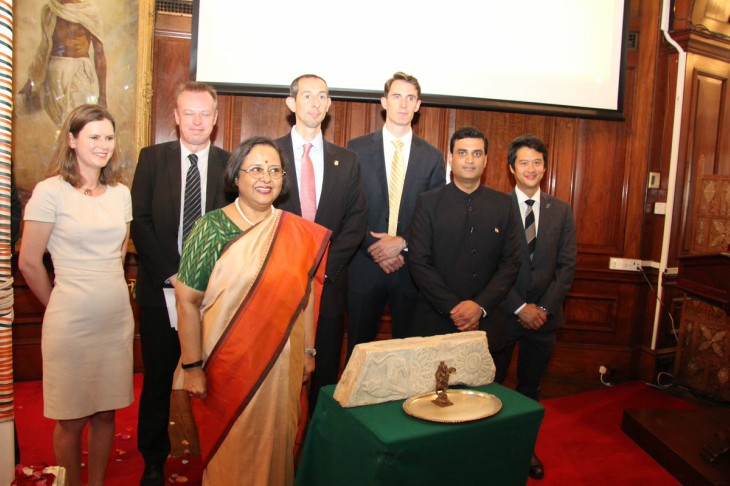 Two illegally smuggled antiquities are returned to India at India House in London.