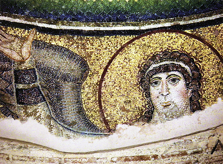 Detail of angel supporting the medallion at the apex of the dome in the Rotunda, Thessaloniki. 