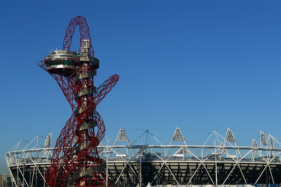 The ArcelorMittal Orbit Sculpture and the Olympic Stadium in 2012.