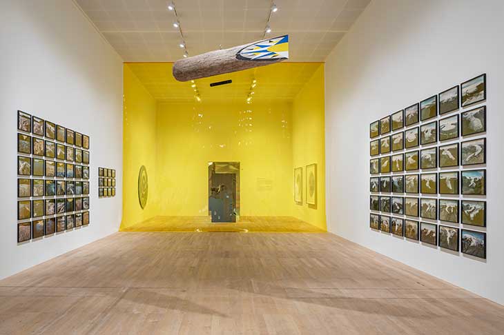 Installation view of ‘Olafur Eliasson: In real life’ at Tate Modern, London, 2019. In the middle of the room hangs Suney (1995).