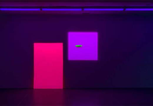 Installation view of ‘Jacqueline Humphries’ at the Dan Flavin Art Institute, Bridgehampton, New York. On the right hangs Painting (2019).