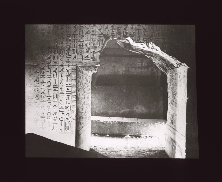 A lantern slide showing the burial chamber of the Pyramid of Unas. Brooklyn Museum