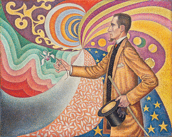 Opus 217. Against the Enamel of a Background Rhythmic with Beats and Angles, Tones and Tints, Portrait of M. Félix Fénéon in 1890 (1890), Paul Signac. Museum of Modern Art, New York.