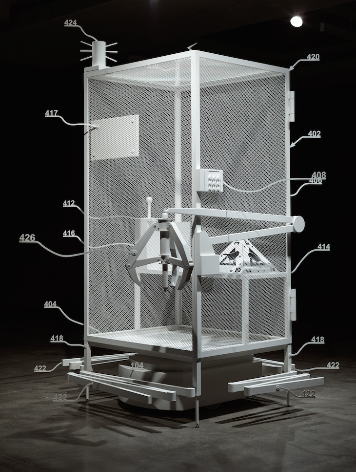 Amazon Worker Cage Patent Drawing as Virtual King Island Brown Thornibill Cage (2019), Simon Denny, installation view at ‘Mine’ at the Museum of Old and New Art, Hobart, 2019