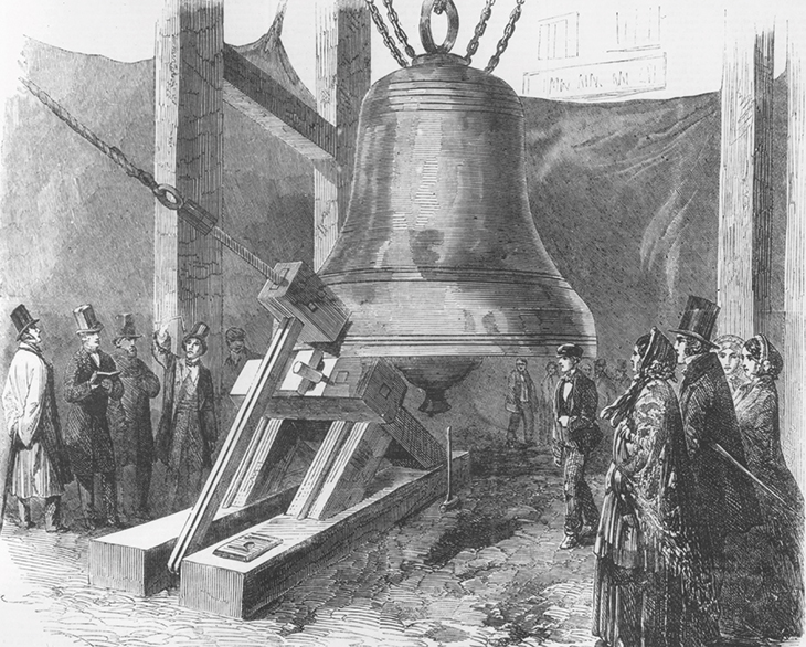 A sounding experiment on the first bell for St Stephen’s Tower, Westminster, commonly known as Big Ben, depicted in the Illustrated London News in December 1856