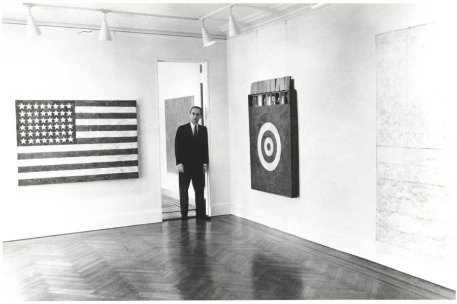 Leo Castelli in a room of the Jasper Johns exhibit at the Castelli Gallery, New York, 1958. Archives of American Art, Smithsonian Institution