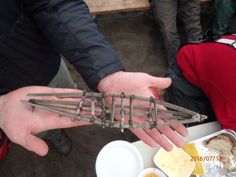 Wood-and-baleen toy kayak frame, found on the Walakpa beach, north Alaska