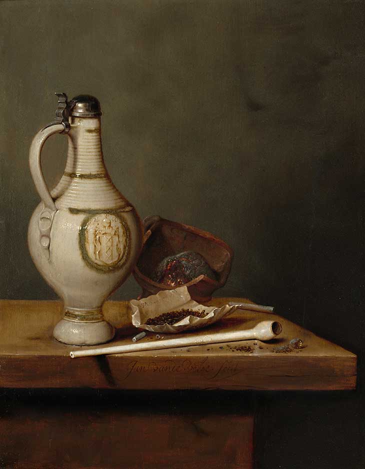 Still Life with Stoneware Jug and Pipe (1650), Jan Jansz van de Velde III. National Gallery of Art, Washington, D.C.