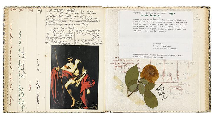 Pages from the notebook Derek Jarman kept in 1985 for the making of ‘Caravaggio’ (1986), including a reproduction of ‘St John the Baptist in the Wilderness’. Courtesy Derek Jarman Special Collection – BFI National Archives/Thames & Hudson; © 2019 The Keith Collins Will Trust