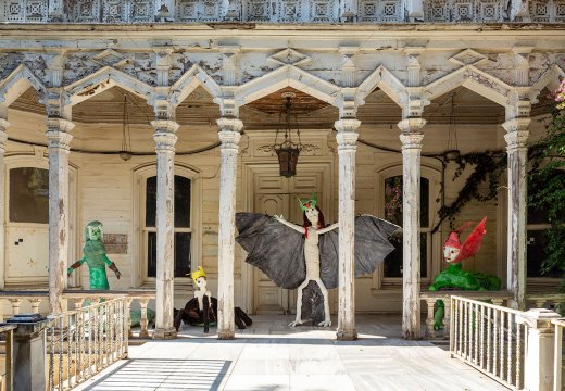 Installation view of Monster Chetwynd’s Hybrid Creatures (Snake, Spider, Bat, Crocodile) at the Istanbul Biennial, 2019.