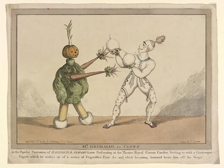 Mr. Grimaldi as Clown (1811), published by Rudolph Ackermann from a drawing by R. Norman