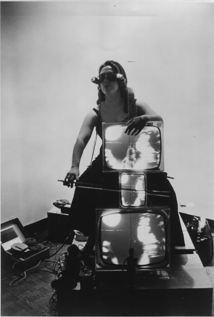 Charlotte Moorman with TV Cello and TV Eyeglasses (1971), Nam June Paik.
