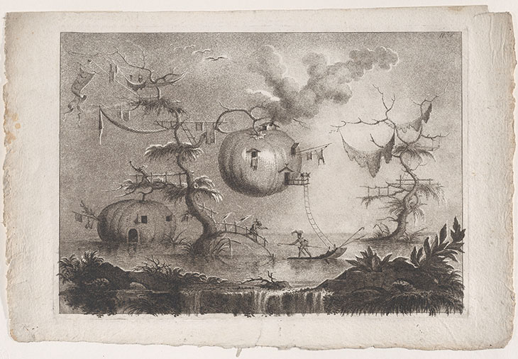 ‘Pumpkins used as dwellings to secure against wild beasts’, plate 7 from ‘The collection of most notable things seen by John Wilkins, erudite English bishop, on his famous trip from the Earth to the Moon’ (after 1783), Filippo Morghen. Metropolitan Museum of Art, New York