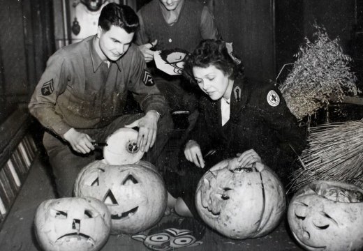 American Red Cross workers hollowing out pumpkins in preparation for a Halloween Dance at Cheltenham Town Hall in 1944.