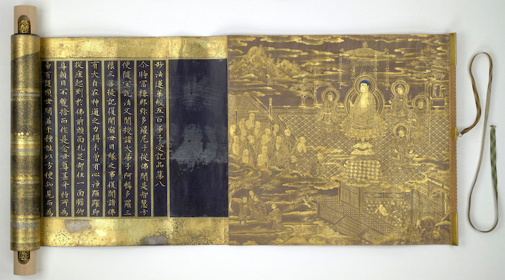 Gold painting of Amitabha Bodhisattva Amida Buddha in a scroll containing the Lotus Sutra (1626), Japan.