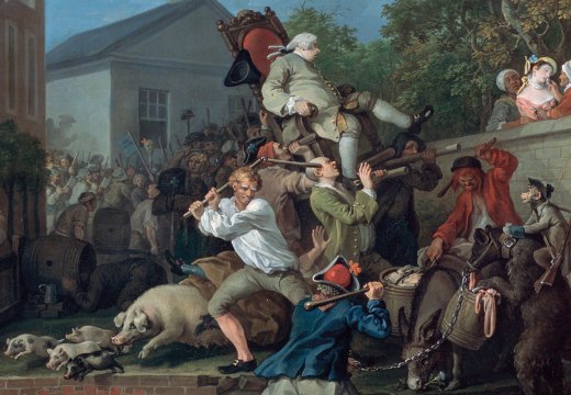 The Humours of an Election, 4: Chairing the Member (detail; 1754–55), William Hogarth.