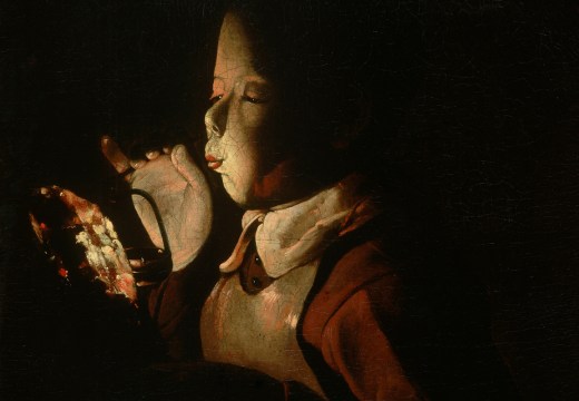 Boy Blowing on Firebrand (detail; c. 1660), Georges de la Tour.