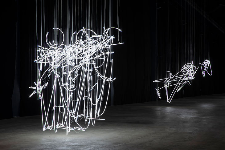 Neon Forms (After Noh) (2015–19), Cerith Wyn Evans. Installation view of ‘Cerith Wyn Evans: “…the Illuminating Gas”’ at Pirelli HangarBicocca, Milan, 2019.