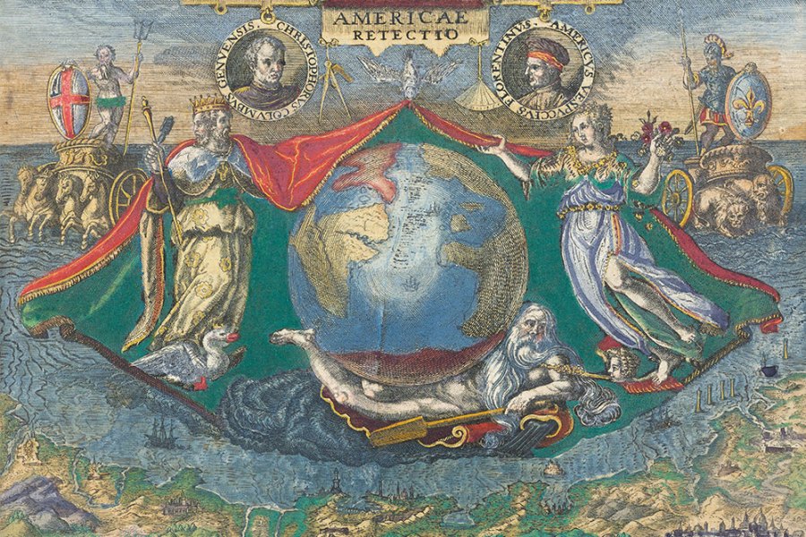 Epigram of a globe showing the Americas, with vignettes of Christopher Columbus and Amerigo Vespucci, from America, vol. IV.