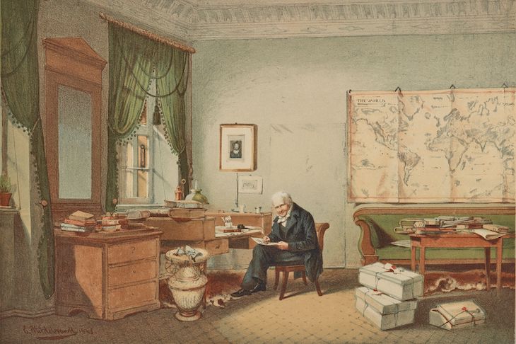 Alexander von Humboldt in his study (1847), colour lithograph after Eduard Hildebrandt.