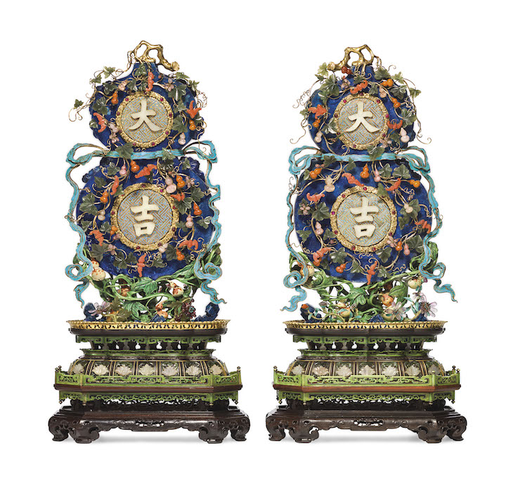 A pair of imperial embellished ‘Da Ji’ double-gourd-form plaques, Qinalong Period (1736–95), China.