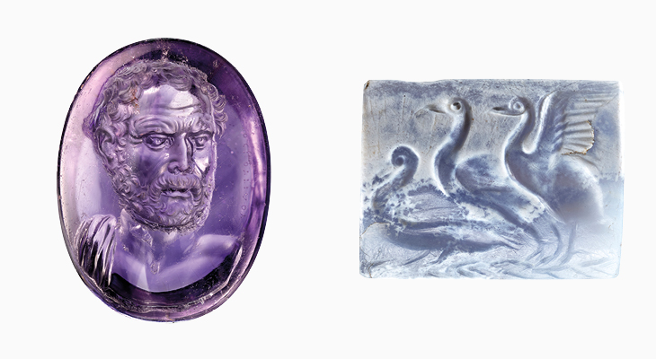 Left: Intaglio with portrait bust of Domesthenes (c. 25 BC), signed by Dioskourides. Right: Engraved tabloid with three water birds (1600–1500 BC), Minoan, Crete